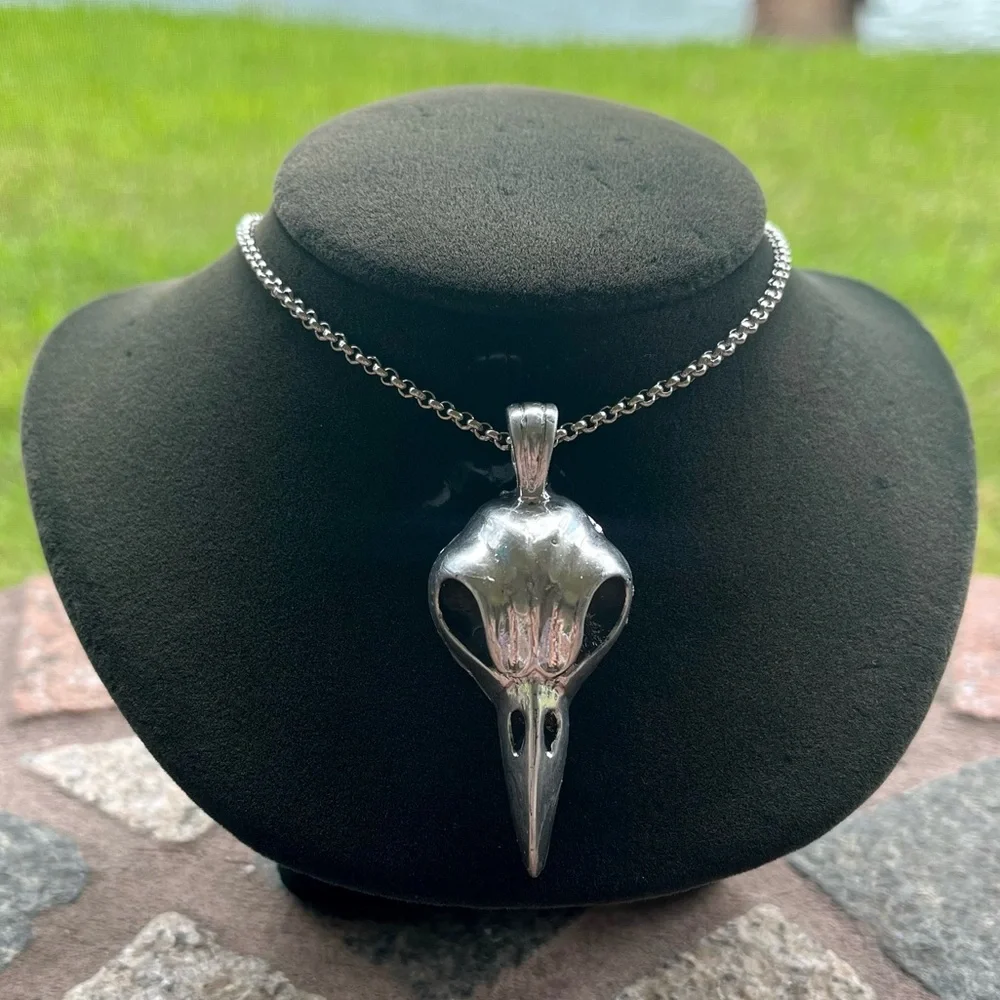 Handmade resin crow raven bird skull necklace (stainless steel chain ) boho goth - Picture 12 of 13
